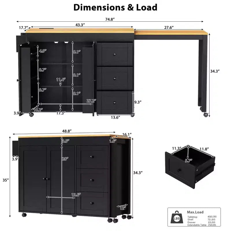 Îlot de cuisine Okak avec table extensible, îlot de cuisine avec rangement et prise de courant, chariot de cuisine roulant avec étagère à épices pour salle à manger