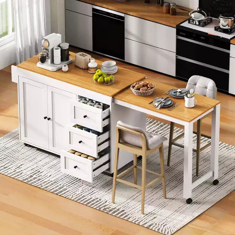 Îlot de cuisine Okak avec table extensible, îlot de cuisine avec rangement et prise de courant, chariot de cuisine roulant avec étagère à épices pour salle à manger
