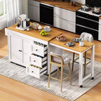 Îlot de cuisine Okak avec table extensible, îlot de cuisine avec rangement et prise de courant, chariot de cuisine roulant avec étagère à épices pour salle à manger