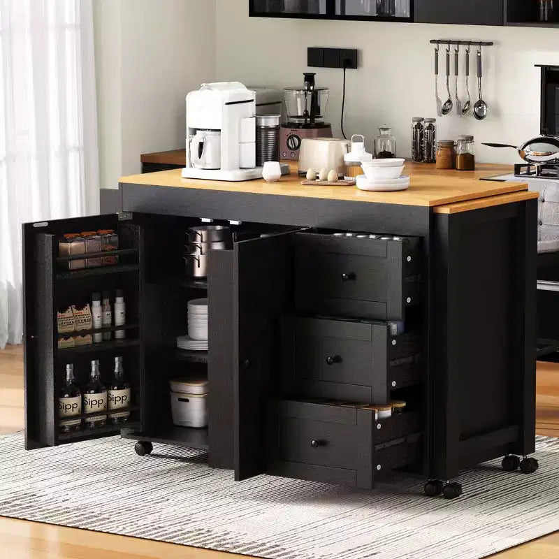 Îlot de cuisine Okak avec table extensible, îlot de cuisine avec rangement et prise de courant, chariot de cuisine roulant avec étagère à épices pour salle à manger