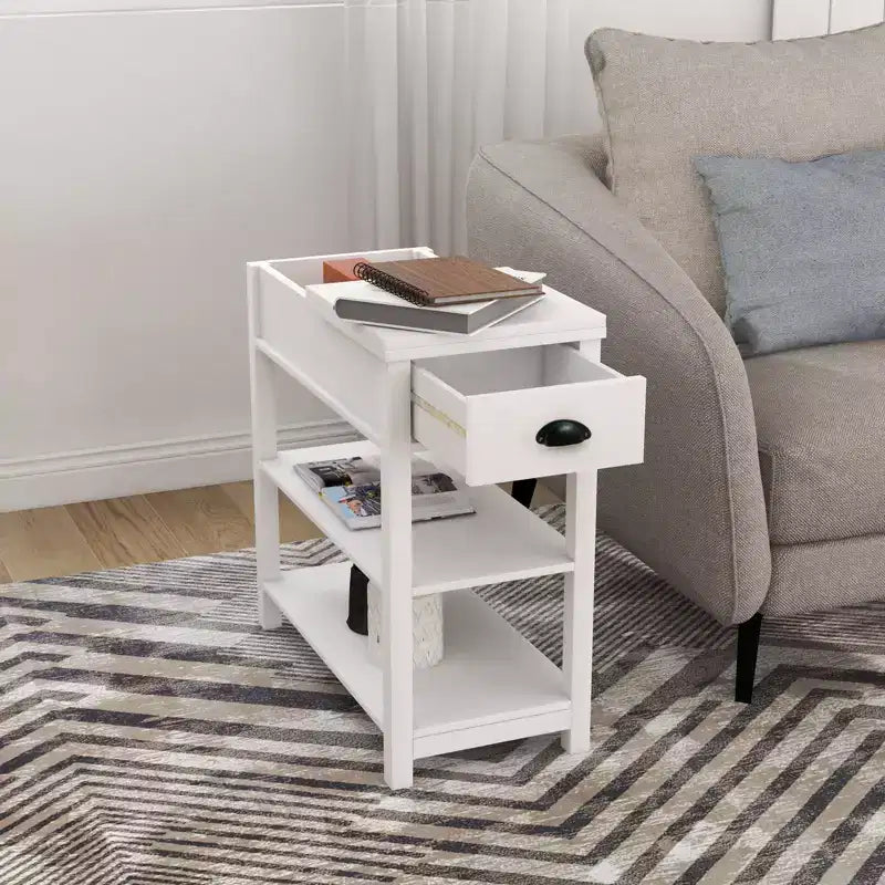 Okak – Table d'appoint vintage à côtés étroits avec plateau relevable, table d'appoint avec tiroirs et étagères inférieures, pour canapé ou chevet
