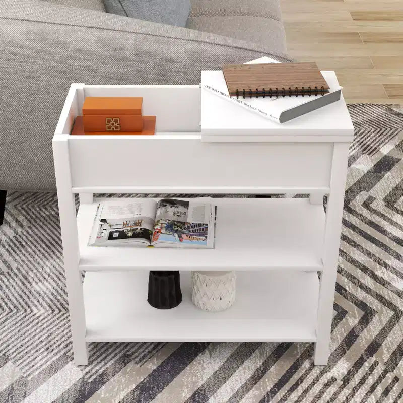 Okak – Table d'appoint vintage à côtés étroits avec plateau relevable, table d'appoint avec tiroirs et étagères inférieures, pour canapé ou chevet