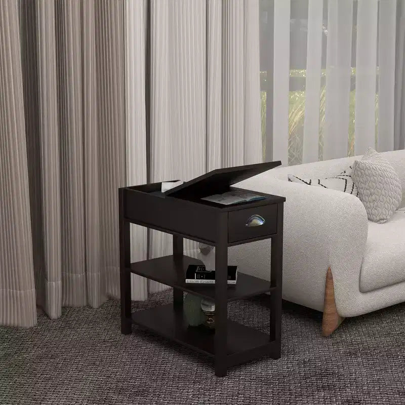 Okak – Table d'appoint vintage à côtés étroits avec plateau relevable, table d'appoint avec tiroirs et étagères inférieures, pour canapé ou chevet