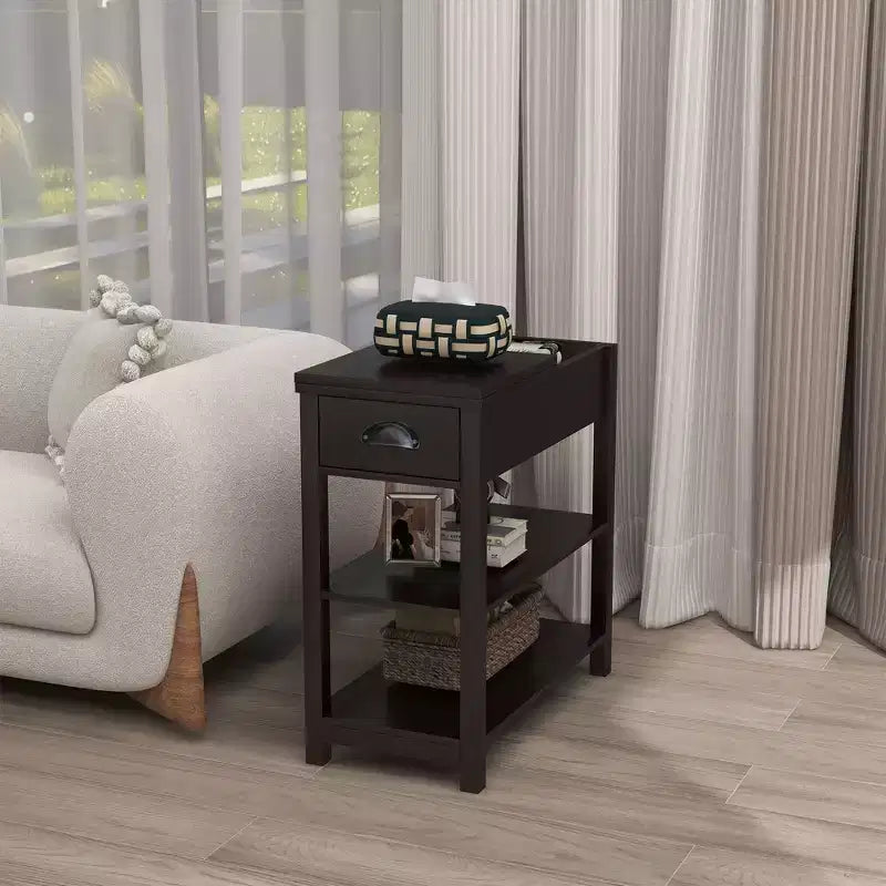 Okak – Table d'appoint vintage à côtés étroits avec plateau relevable, table d'appoint avec tiroirs et étagères inférieures, pour canapé ou chevet