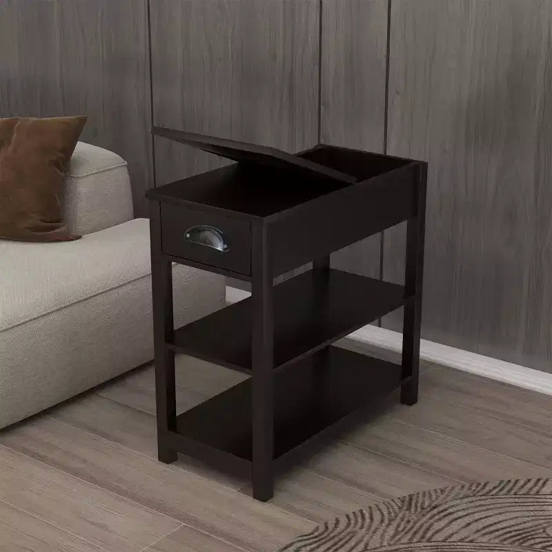 Okak – Table d'appoint vintage à côtés étroits avec plateau relevable, table d'appoint avec tiroirs et étagères inférieures, pour canapé ou chevet