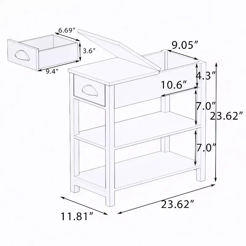 Okak – Table d'appoint vintage à côtés étroits avec plateau relevable, table d'appoint avec tiroirs et étagères inférieures, pour canapé ou chevet