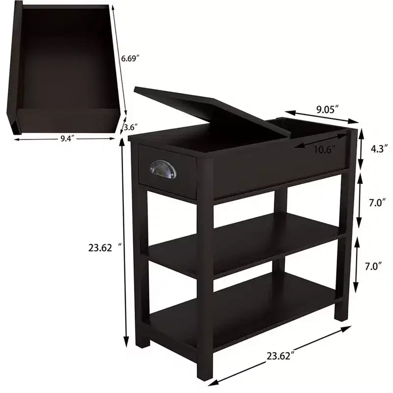 Okak – Table d'appoint vintage à côtés étroits avec plateau relevable, table d'appoint avec tiroirs et étagères inférieures, pour canapé ou chevet