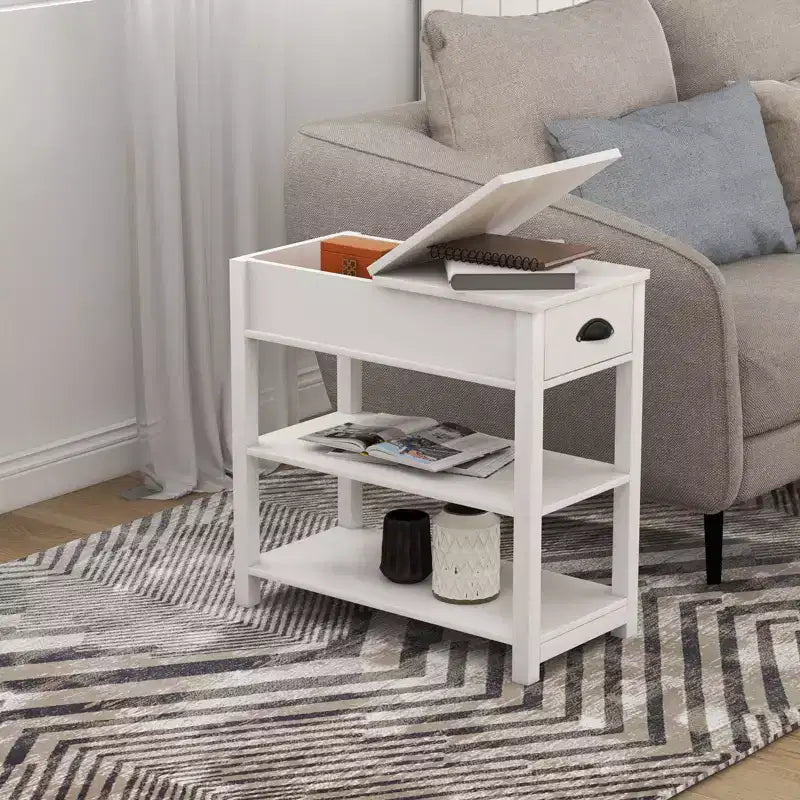 Okak – Table d'appoint vintage à côtés étroits avec plateau relevable, table d'appoint avec tiroirs et étagères inférieures, pour canapé ou chevet