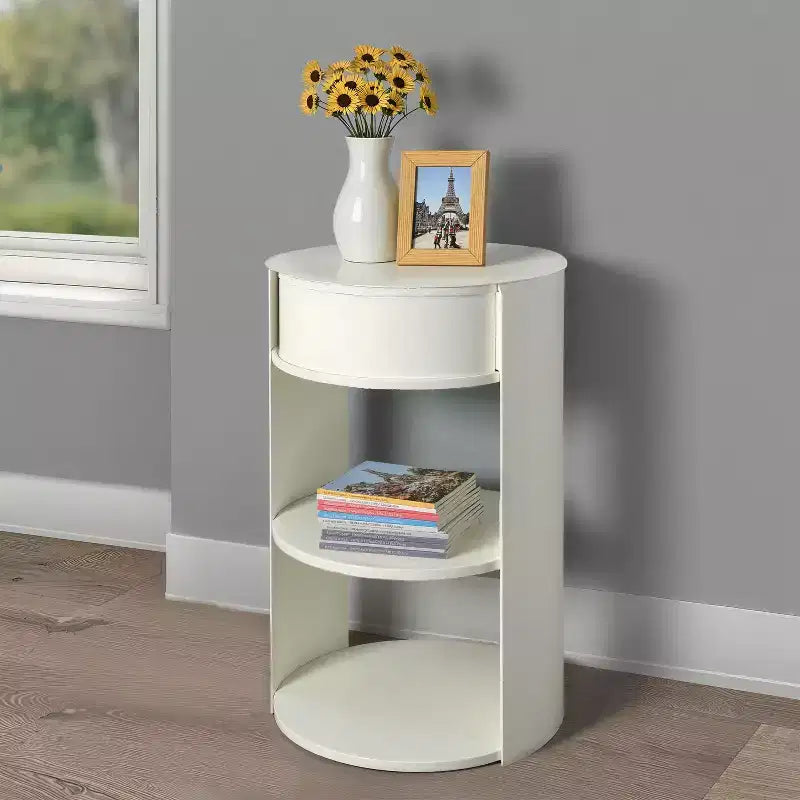 Okak Modern 3-Tier Round Side Table with Metal Frame, End Table with Sliding Door Cabinet and 2 Shelves, Couch Table for Living Room, Matte White