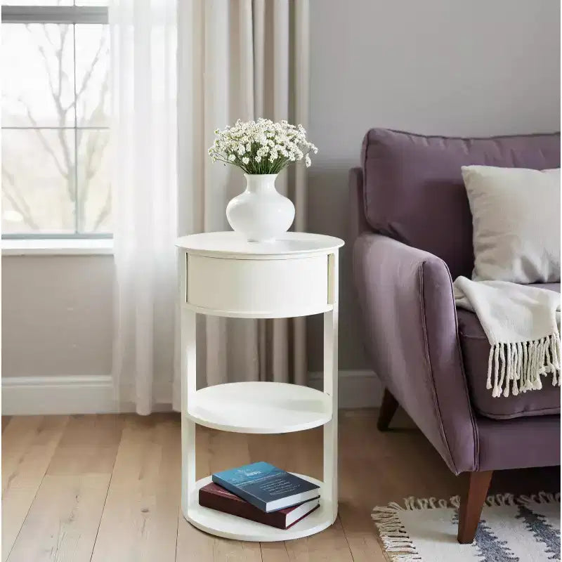 Okak Table d'appoint ronde moderne à 3 niveaux avec cadre en métal, table de bout avec armoire à porte coulissante et 2 étagères, table de canapé pour salon, blanc mat