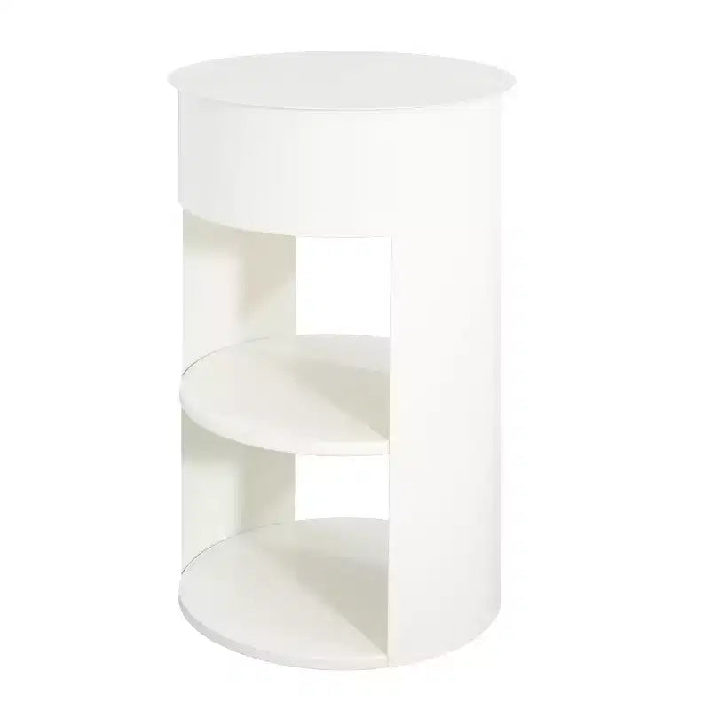 Okak Table d'appoint ronde moderne à 3 niveaux avec cadre en métal, table de bout avec armoire à porte coulissante et 2 étagères, table de canapé pour salon, blanc mat