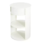 Okak Table d'appoint ronde moderne à 3 niveaux avec cadre en métal, table de bout avec armoire à porte coulissante et 2 étagères, table de canapé pour salon, blanc mat