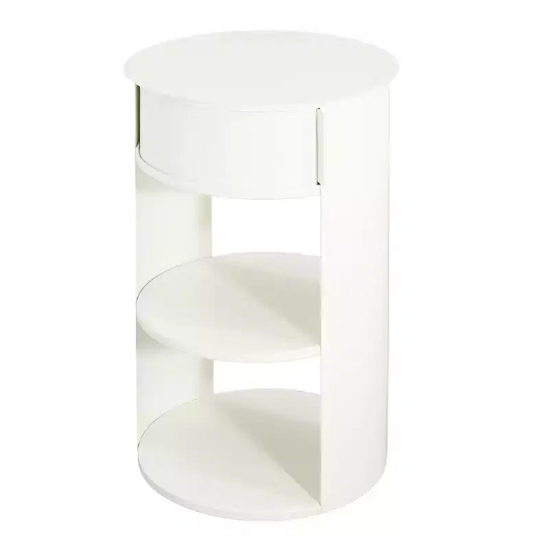 Okak Table d'appoint ronde moderne à 3 niveaux avec cadre en métal, table de bout avec armoire à porte coulissante et 2 étagères, table de canapé pour salon, blanc mat