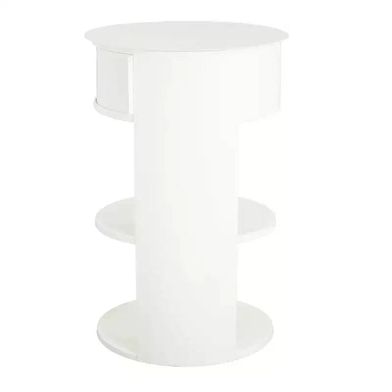 Okak Table d'appoint ronde moderne à 3 niveaux avec cadre en métal, table de bout avec armoire à porte coulissante et 2 étagères, table de canapé pour salon, blanc mat