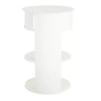 Okak Table d'appoint ronde moderne à 3 niveaux avec cadre en métal, table de bout avec armoire à porte coulissante et 2 étagères, table de canapé pour salon, blanc mat