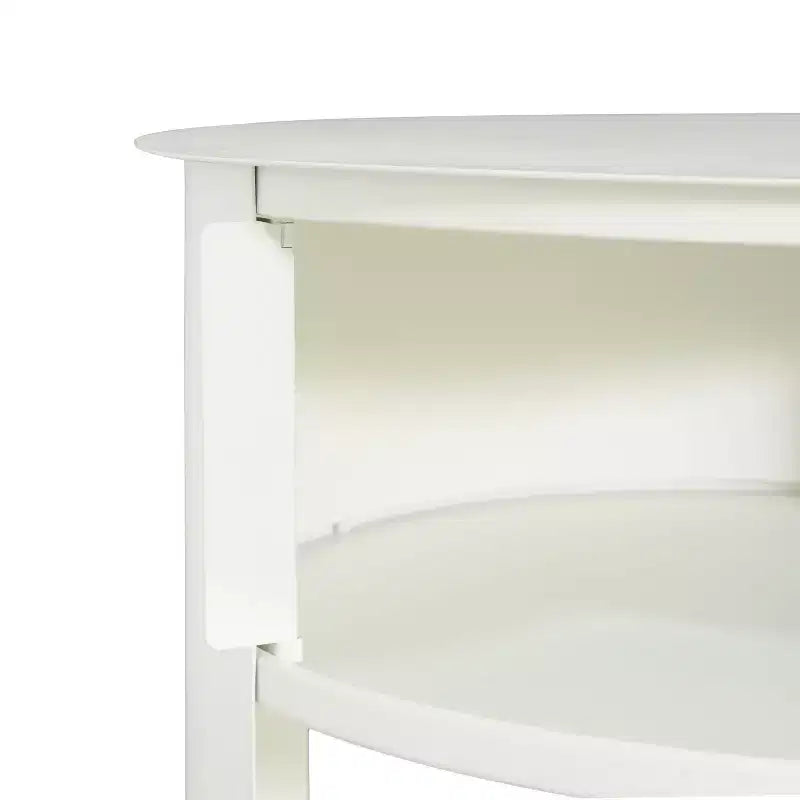Okak Table d'appoint ronde moderne à 3 niveaux avec cadre en métal, table de bout avec armoire à porte coulissante et 2 étagères, table de canapé pour salon, blanc mat