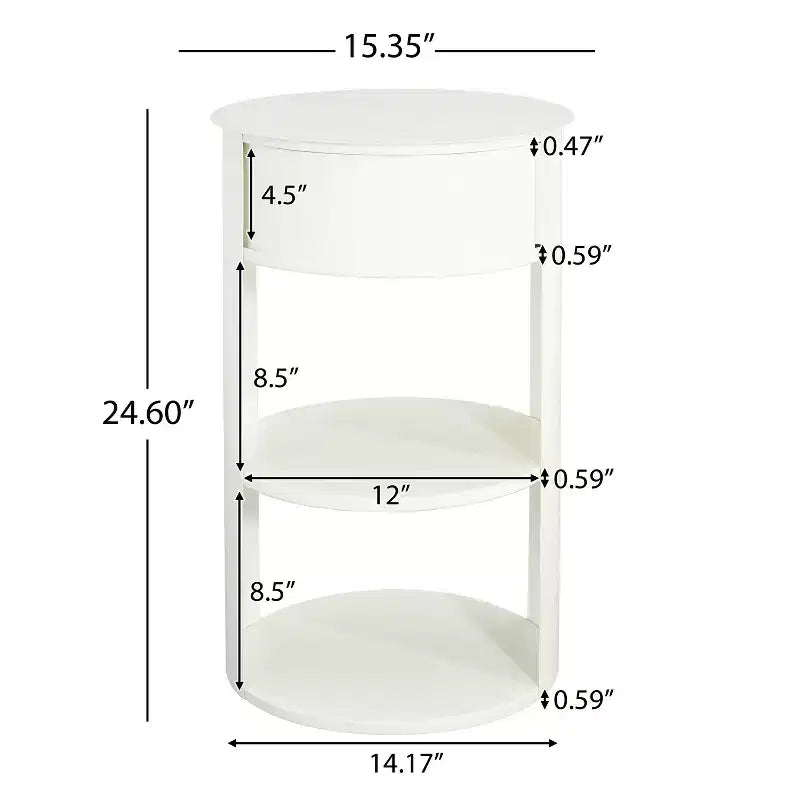 Okak Table d'appoint ronde moderne à 3 niveaux avec cadre en métal, table de bout avec armoire à porte coulissante et 2 étagères, table de canapé pour salon, blanc mat