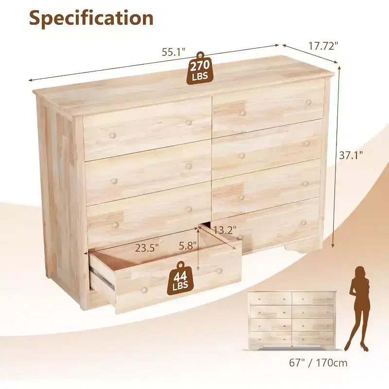VINGLI Commode en bois massif 55 W à 8 tiroirs, coffre non fini pour bricolage couleur