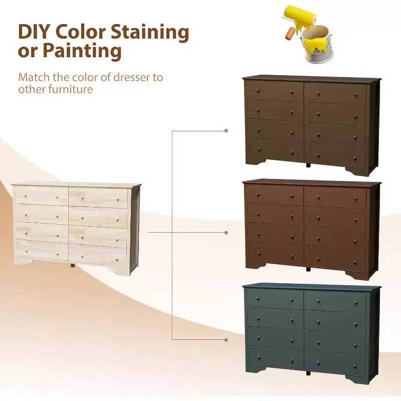 VINGLI Commode en bois massif 55 W à 8 tiroirs, coffre non fini pour bricolage couleur
