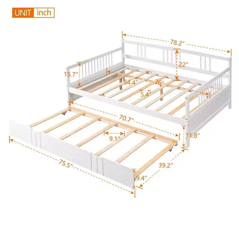 Lit de repos pleine grandeur en bois avec lit gigogne, cadre de lit de repos extensible en bois massif avec lit gigogne extractible