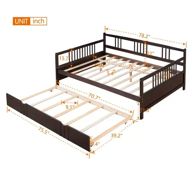 Lit de repos pleine grandeur en bois avec lit gigogne, cadre de lit de repos extensible en bois massif avec lit gigogne extractible