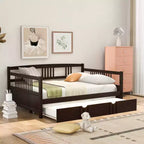Full Size Wooden Daybed with Trundle, Extendable Solid Wood Daybed Frame with Pull-Out Trundle