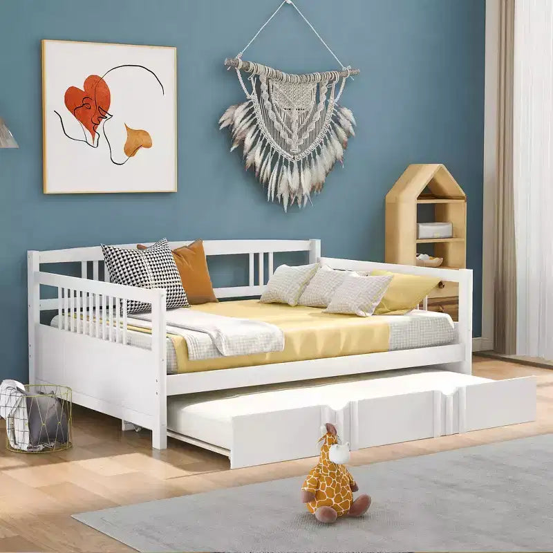 Lit de repos pleine grandeur en bois avec lit gigogne, cadre de lit de repos extensible en bois massif avec lit gigogne extractible
