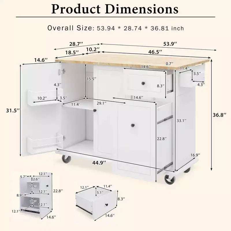 Îlot de cuisine moderne Okak avec abattant et étagère de rangement et tiroirs, chariot de cuisine roulant avec roues, armoire de rangement, table à manger pliante