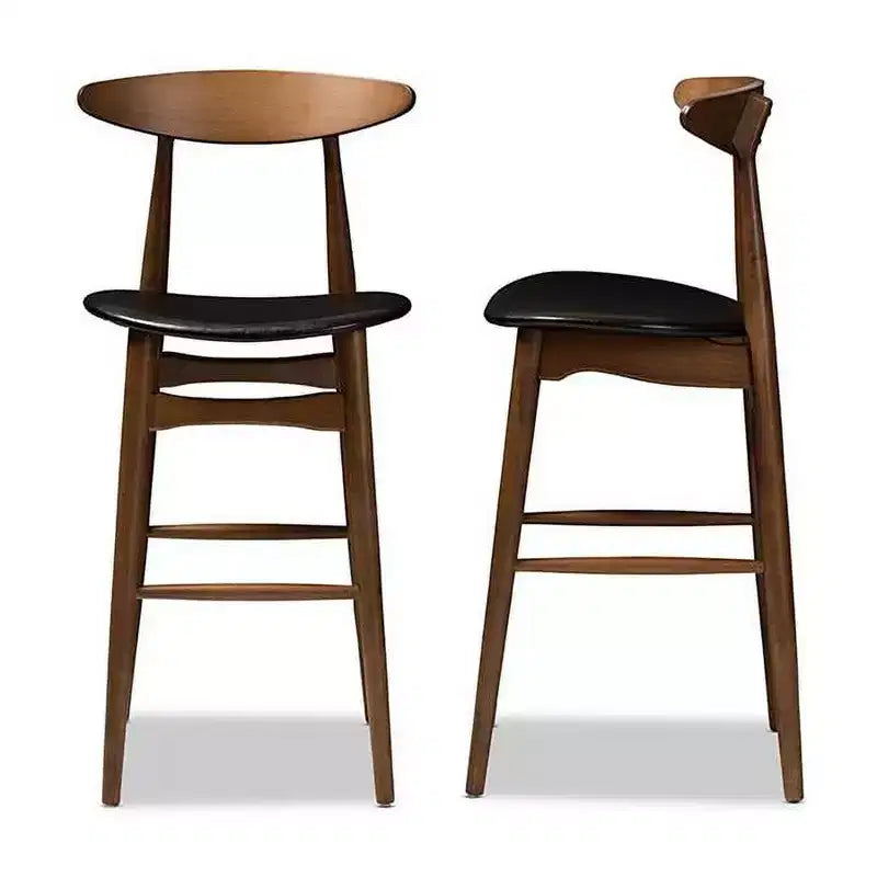 Lot de tabourets de bar Flora HomeStock, style moderne du milieu du siècle, avec revêtement en similicuir noir et finition en noyer.