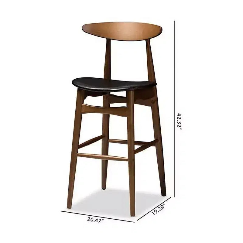 Lot de tabourets de bar Flora HomeStock, style moderne du milieu du siècle, avec revêtement en similicuir noir et finition en noyer.