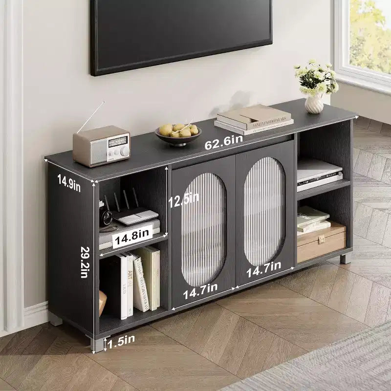 Meuble TV Rustique, Meuble TV Moderne avec Portes en Verre Ondulé, Étagères Ouvertes, Idéal pour Salons et Chambres à Coucher