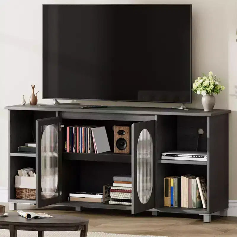 Meuble TV Rustique, Meuble TV Moderne avec Portes en Verre Ondulé, Étagères Ouvertes, Idéal pour Salons et Chambres à Coucher