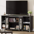 Meuble TV Rustique, Meuble TV Moderne avec Portes en Verre Ondulé, Étagères Ouvertes, Idéal pour Salons et Chambres à Coucher