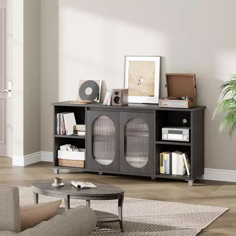 Meuble TV Rustique, Meuble TV Moderne avec Portes en Verre Ondulé, Étagères Ouvertes, Idéal pour Salons et Chambres à Coucher