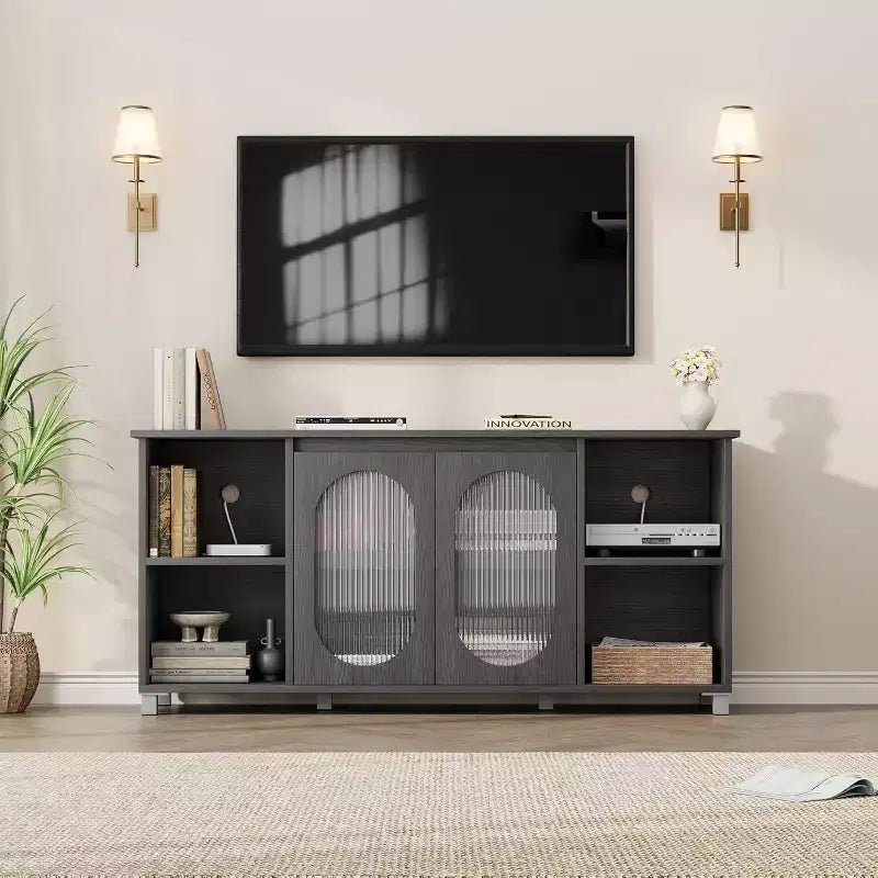 Meuble TV Rustique, Meuble TV Moderne avec Portes en Verre Ondulé, Étagères Ouvertes, Idéal pour Salons et Chambres à Coucher