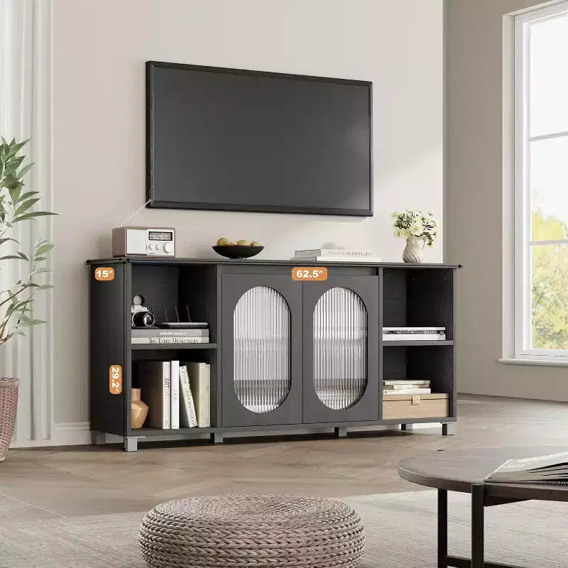 Meuble TV Rustique, Meuble TV Moderne avec Portes en Verre Ondulé, Étagères Ouvertes, Idéal pour Salons et Chambres à Coucher