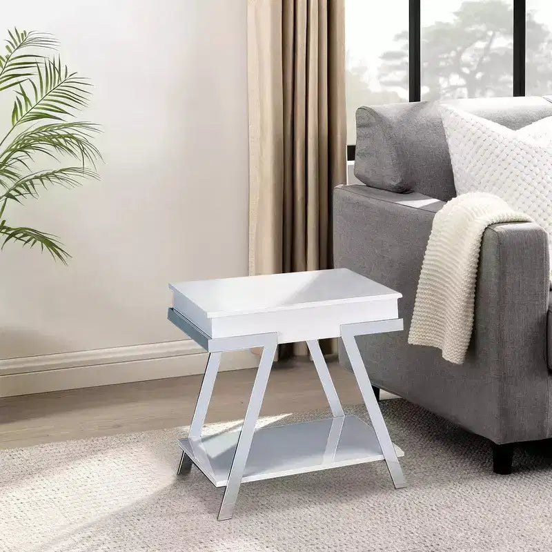 Royal Hampton 26 Inch Side End Table, Open Shelf, Chrome, High Gloss White Finish