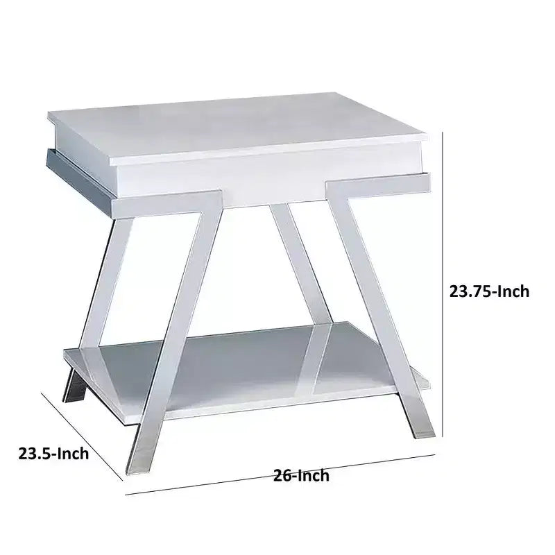 Table d'appoint Royal Hampton, 26 pouces, avec étagère ouverte, chrome, fini blanc lustré