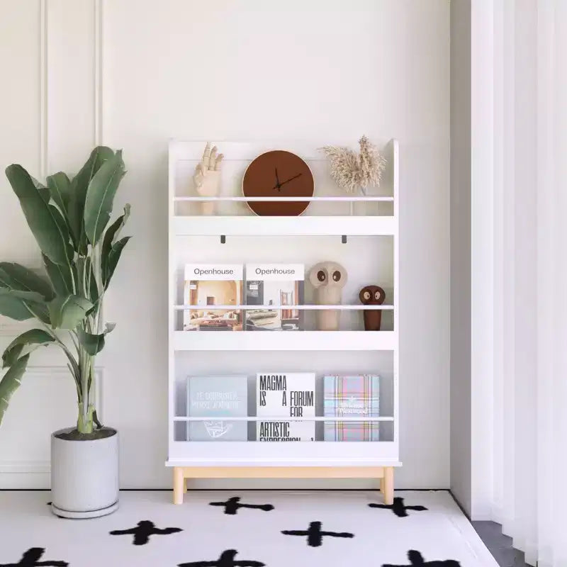 Étagère à livres murale Whisen pour enfants avec 3 étagères de présentation frontales, porte-livres moderne blanc avec base en bois naturel - Blanc