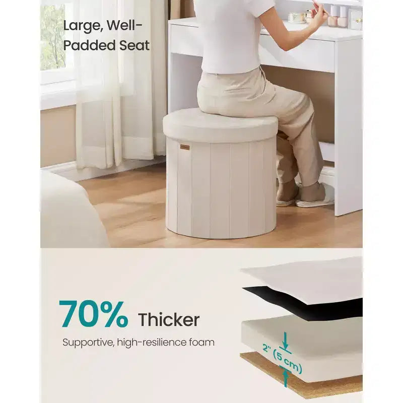 Pouf de rangement rond avec couvercle amovible, tabouret repose-pieds pliable de 46 cm, tabouret de coiffeuse facile à assembler