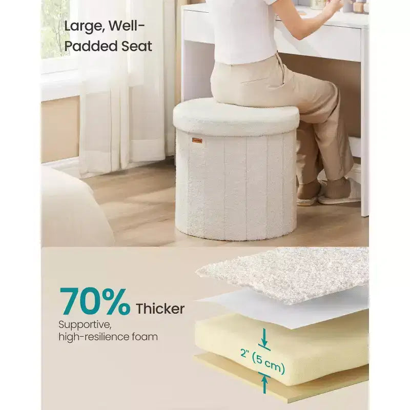 Pouf de rangement rond avec couvercle amovible, tabouret repose-pieds pliable de 46 cm, tabouret de coiffeuse facile à assembler