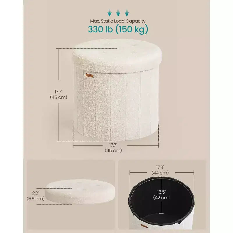 Pouf de rangement rond avec couvercle amovible, tabouret repose-pieds pliable de 46 cm, tabouret de coiffeuse facile à assembler