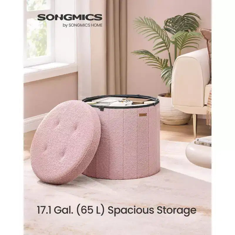 Pouf de rangement rond avec couvercle amovible, tabouret repose-pieds pliable de 46 cm, tabouret de coiffeuse facile à assembler