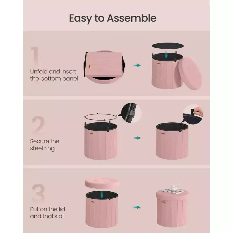 Pouf de rangement rond avec couvercle amovible, tabouret repose-pieds pliable de 46 cm, tabouret de coiffeuse facile à assembler