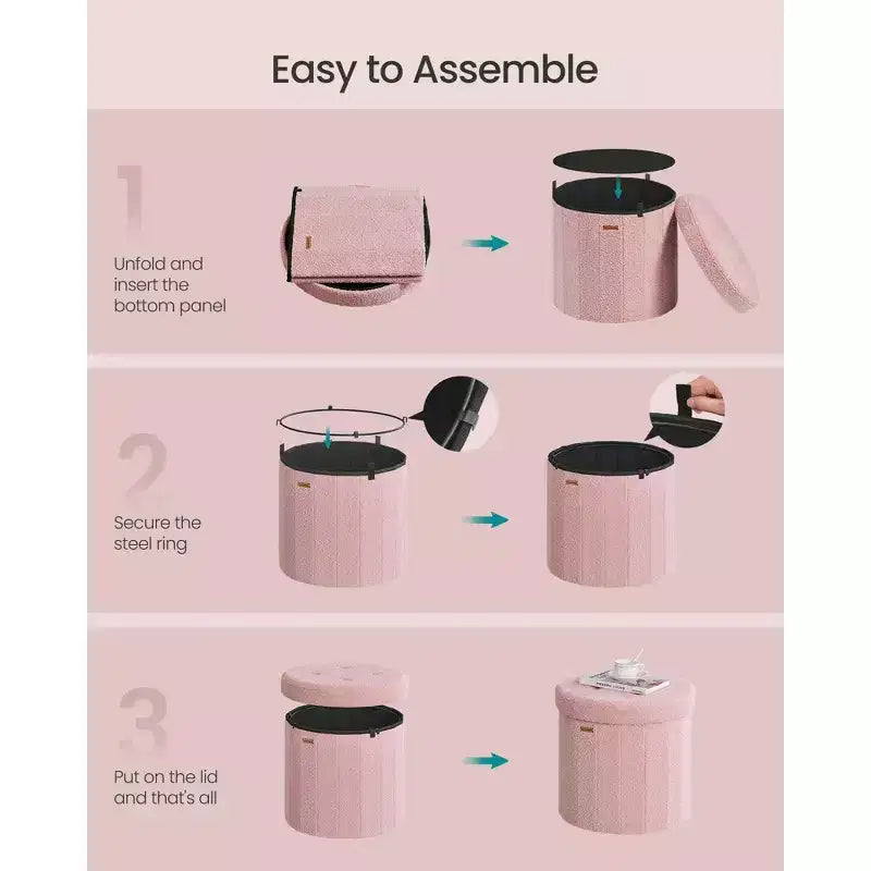 Pouf de rangement rond avec couvercle amovible, tabouret repose-pieds pliable de 46 cm, tabouret de coiffeuse facile à assembler