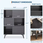 Étagères réglables, Armoire de rangement cannelée avec portes coulissantes, Meuble bas de 109 cm de haut, Support d'affichage moderne à 3 niveaux avec pieds, Salon, Cuisine, Noir