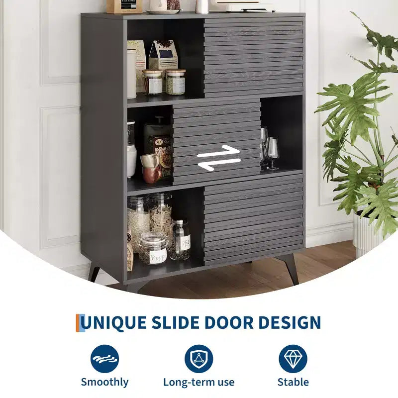 Étagères réglables, Armoire de rangement cannelée avec portes coulissantes, Meuble bas de 109 cm de haut, Support d'affichage moderne à 3 niveaux avec pieds, Salon, Cuisine, Noir