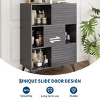 Étagères réglables, Armoire de rangement cannelée avec portes coulissantes, Meuble bas de 109 cm de haut, Support d'affichage moderne à 3 niveaux avec pieds, Salon, Cuisine, Noir