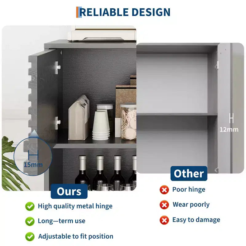 Étagères réglables, Armoire de rangement cannelée avec portes coulissantes, Meuble bas de 109 cm de haut, Support d'affichage moderne à 3 niveaux avec pieds, Salon, Cuisine, Noir