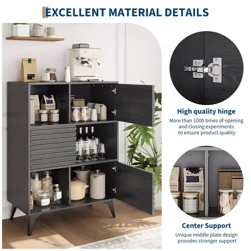Étagères réglables, Armoire de rangement cannelée avec portes coulissantes, Meuble bas de 109 cm de haut, Support d'affichage moderne à 3 niveaux avec pieds, Salon, Cuisine, Noir
